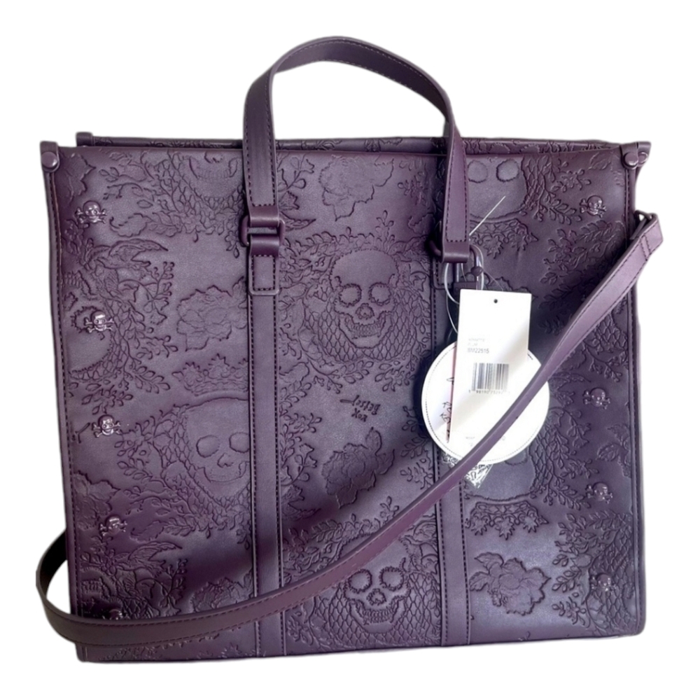 BETSEY JOHNSON embossed PURPLE sugar skull ROSES & crown large tote w/ keychain